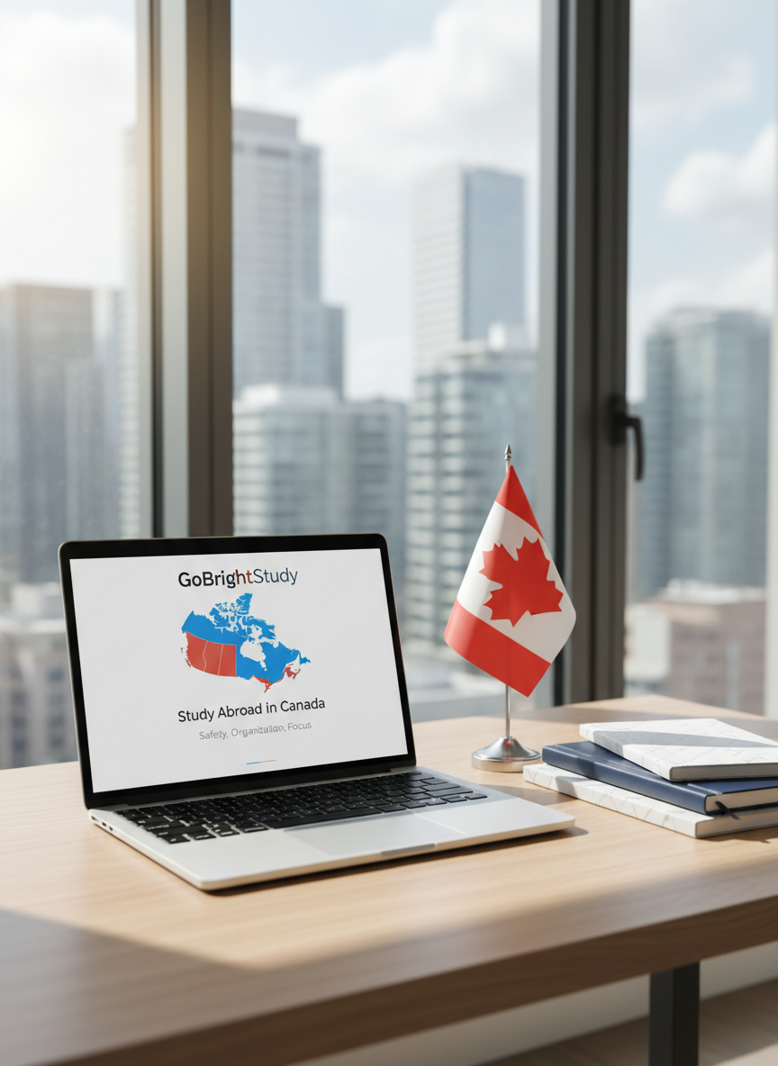 A modern study desk setup featuring an open silver laptop displaying a clean GoBrightStudy dashboard with an abstract map of Canada highlighted in blue and red. The laptop rests on a light oak desk with a smooth matte finish, beside a neatly stacked set of navy and white notebooks and a small Canadian flag on a polished metal base. Behind, a large window reveals a softly blurred skyline of a Canadian city with glass towers. Natural daylight enters from the side, creating gentle reflections on the laptop and flag. Photographic realism, eye-level composition with shallow depth of field, clean and professional mood emphasizing safety, organization, and academic focus for studying abroad in Canada.