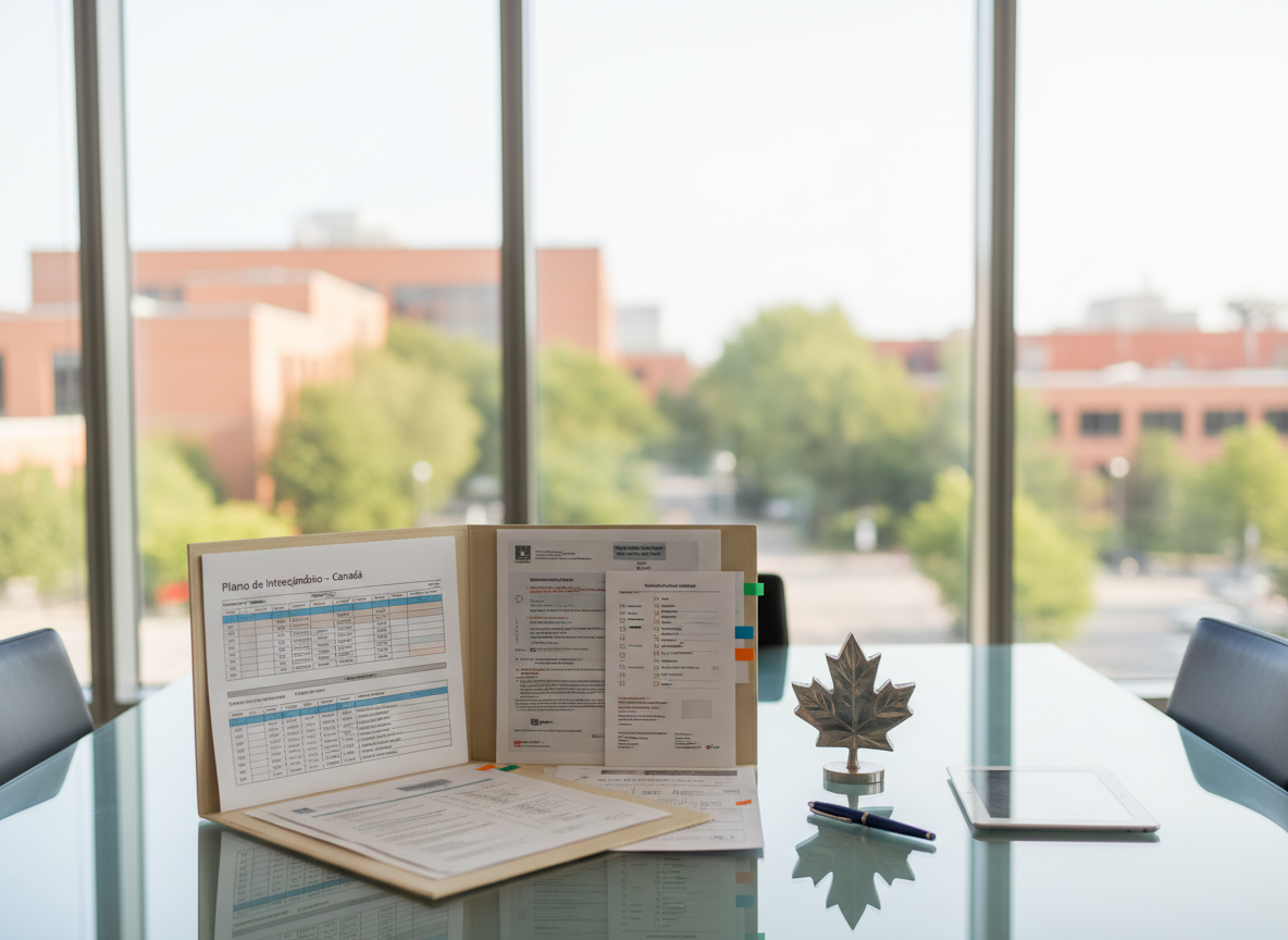 A bright university advising space featuring a large glass-topped table with an open folder labeled "Plano de Intercâmbio – Canadá" in sleek typography. Inside the folder, visible checklists, insurance documents, and a printed study timetable are neatly arranged with colored tabs. A small metal model of a maple leaf sits on the table’s corner, next to a high-quality blue pen and a closed silver tablet. Floor-to-ceiling windows reveal an abstract, out-of-focus Canadian campus with red-brick buildings and greenery. Soft morning daylight floods the scene, producing subtle reflections on the glass surface. Photographic realism, eye-level composition, crisp focus on documents, conveying structure, transparency, and safety in planning a study exchange to Canada.