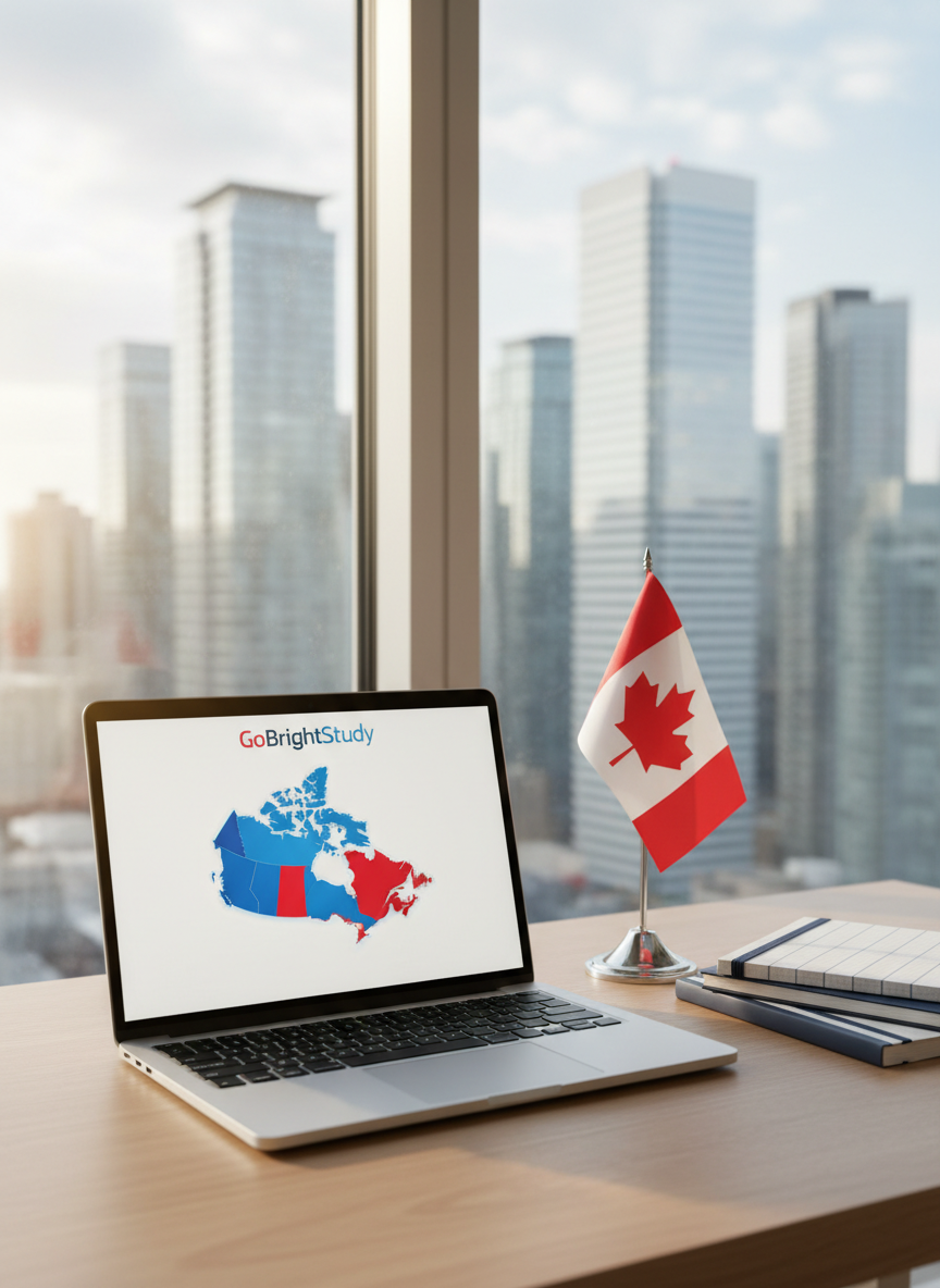 A modern study desk setup featuring an open silver laptop displaying a clean GoBrightStudy dashboard with an abstract map of Canada highlighted in blue and red. The laptop rests on a light oak desk with a smooth matte finish, beside a neatly stacked set of navy and white notebooks and a small Canadian flag on a polished metal base. Behind, a large window reveals a softly blurred skyline of a Canadian city with glass towers. Natural daylight enters from the side, creating gentle reflections on the laptop and flag. Photographic realism, eye-level composition with shallow depth of field, clean and professional mood emphasizing safety, organization, and academic focus for studying abroad in Canada.