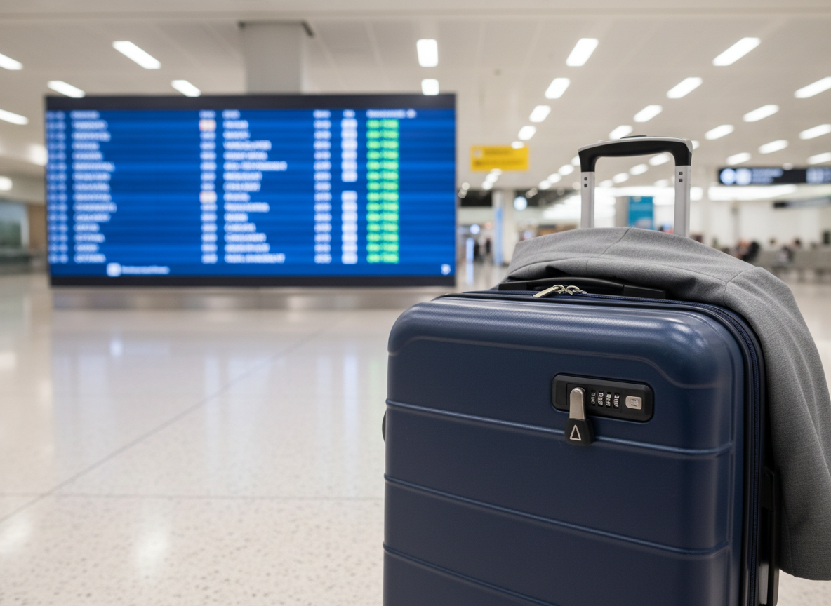 A pristine airport departures board in a modern terminal, displaying multiple flights to Canadian cities such as Toronto, Vancouver, and Montreal, with all statuses reading "On Time" in clear, bright lettering. In the foreground, a sturdy navy hard-shell suitcase with a visible TSA-approved lock stands upright beside a neatly folded gray travel jacket draped over the handle. The polished floor reflects soft overhead lighting and the subtle glow of the digital board. Photographic realism from a slightly low angle, emphasizing the suitcase and secure lock, with the board gently blurred in the background. The mood is professional and reassuring, symbolizing safe, well-planned departures for study programs in Canada.