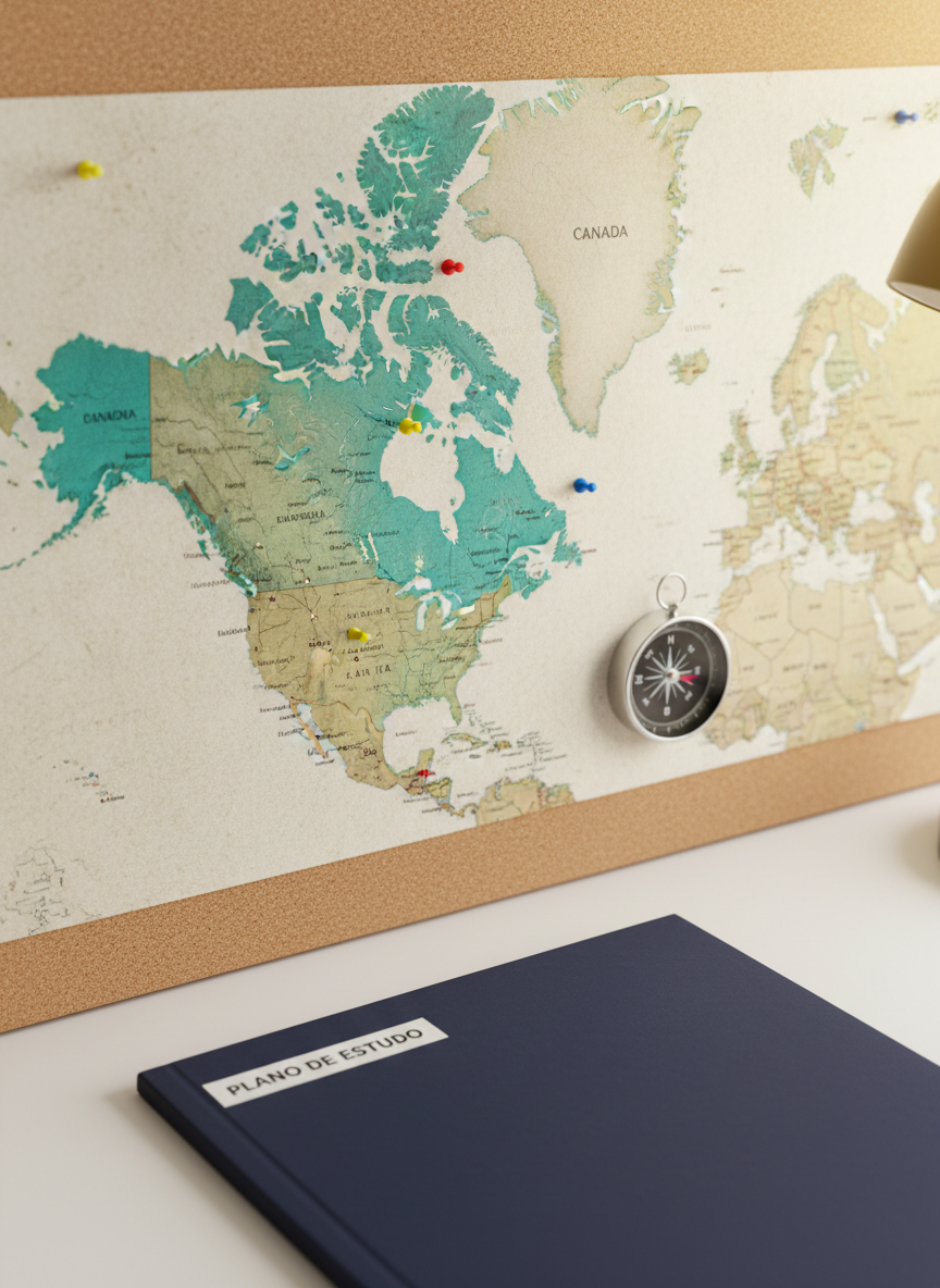 A close-up of a detailed paper world map pinned on a minimalist corkboard, with Canada sharply in focus and outlined in bright teal, while other countries are slightly muted. Colorful pushpins cluster over major Canadian cities, and a slim metallic compass rests on the lower corner of the map. A dark blue folder labeled "Study Plan" in Portuguese lies partially visible on a white desk below. Soft overhead daylight mixed with warm desk-lamp lighting creates a balanced, trustworthy atmosphere. Shot from a slightly elevated angle with selective focus on Canada, photographic realism, conveying strategic planning and secure preparation for an exchange program in Canada.