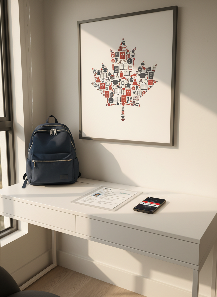An organized, professional home office corner with a large wall-mounted framed print of a Canadian maple leaf made from small academic icons like books, graduation caps, and passports, all in subtle shades of red and gray. Below, a white desk holds a closed navy backpack with reinforced zippers, a transparent document folder showing a Canadian visa form, and a sleek smartphone with a notification banner titled "Intercâmbio Canadá". Soft diffused afternoon light from a nearby window casts gentle shadows, creating a calm and reassuring mood. Photographic realism with a medium-wide, eye-level shot, clean composition using the rule of thirds, highlighting safety, readiness, and organization for studying in Canada.