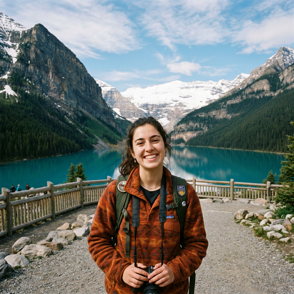 Smiling young woman with camera at viewpoint overlooking blue alpine lake and mountains